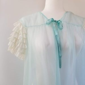 Vintage Negligee Robe Dressing Gown 60s Lace Sheer